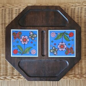 Vintage Cheese and Cracker Charcuterie wood board with floral butterfly ladybugs